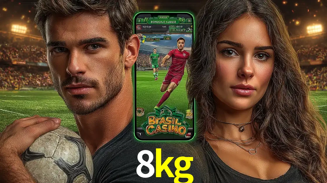 Homem segurando uma bola de futebol e uma mulher ao lado de um smartphone exibindo o jogo de apostas esportivas da 8kg. Faça seu palpite no cassino online.
